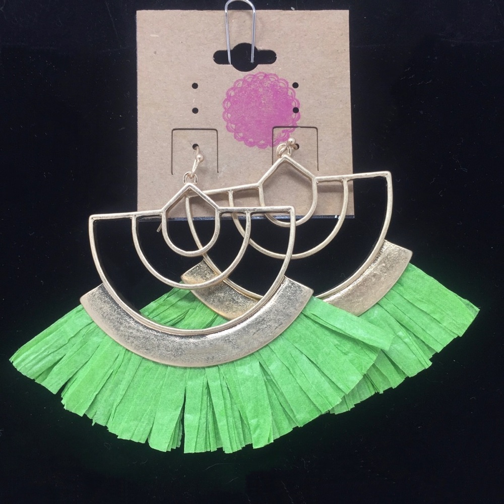 Lime green & gold fan earrings